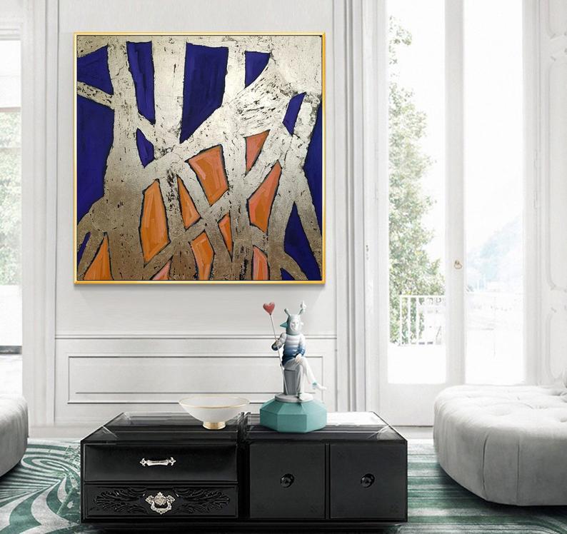 Gold Leaf Painting Blue Abstract Painting On Canvas Deep Blue Painting Beige Painting Yellow Abstract Canvas Oversize Wall Art31in,No Frame