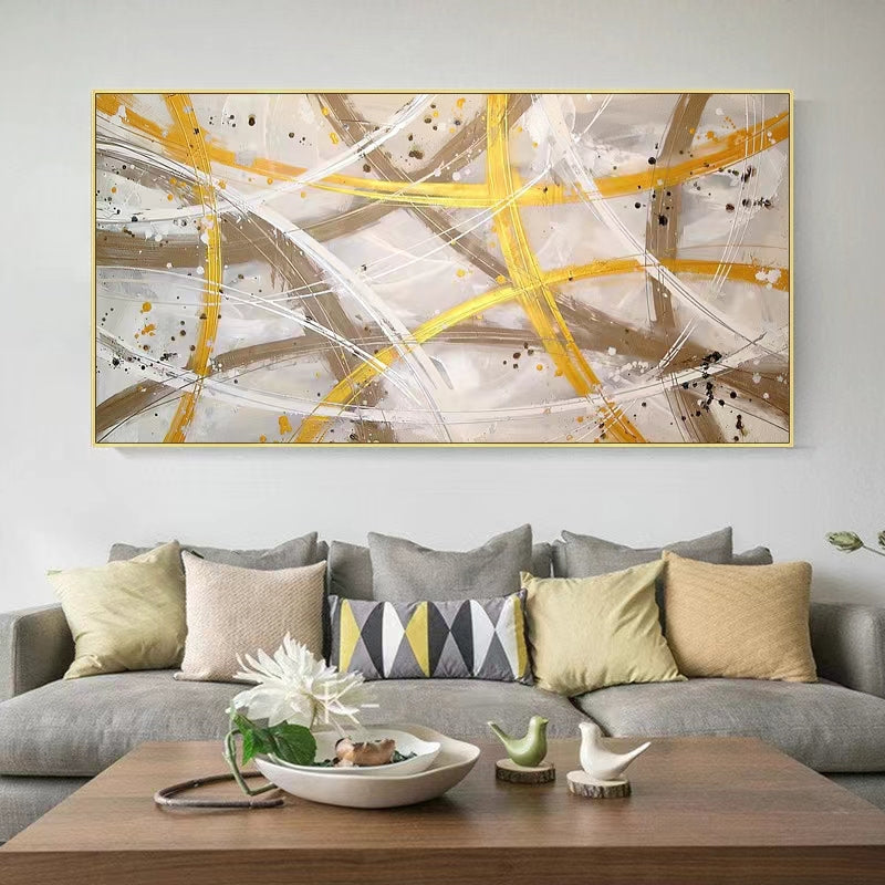 Pure Hand painted Oil Painting Living Room Abstract Sofa Background Wall Painting Golden Line Decorative Painting,27inx54in,No Frame