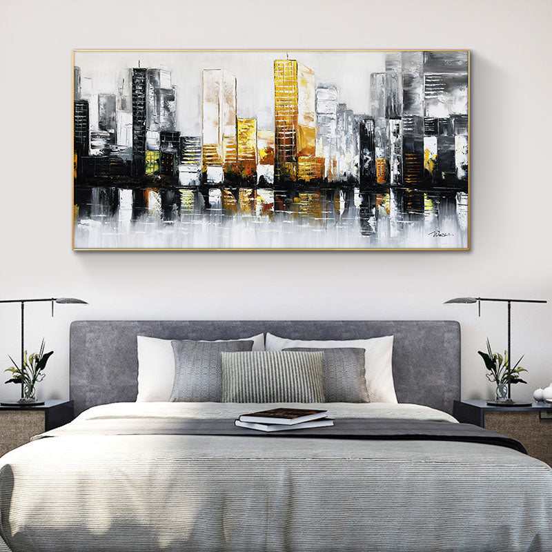 Abstract Golden Building  Hand Painted Oil Paintings on Canvas Wall Picture for Living Room,27inx54in,No Frame