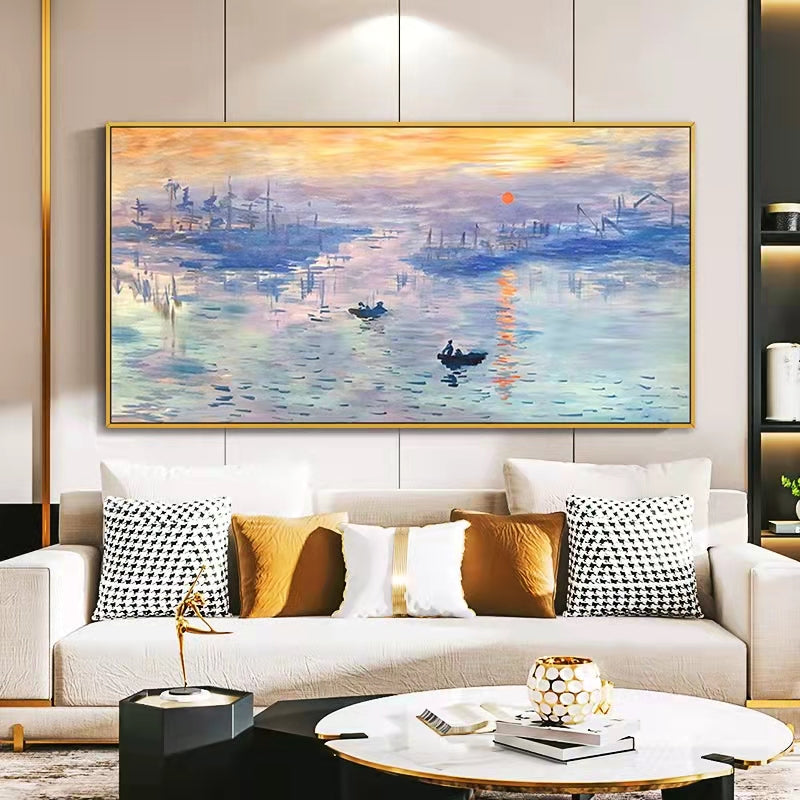 Handpainted Oil Painting Monet Sunrise Living Room Decorative Painting Modern Sofa Background Wall Abstract Art Hanging,27inx54in,No Frame