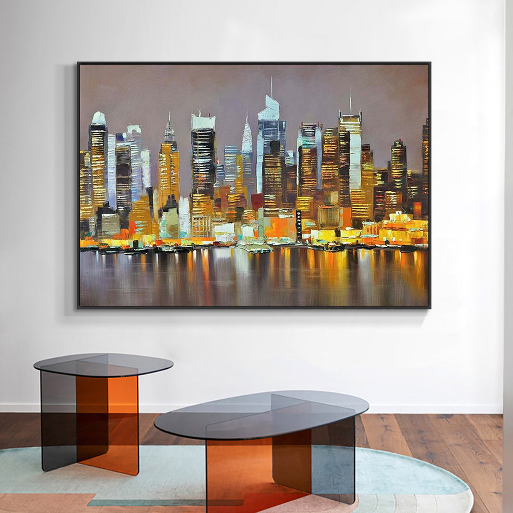#1150Abstract Nightscape Of The Large City Building Painting On Canvas  Hand Painted Oil Painting Wall  For Living Room,31inx47in,No Frame