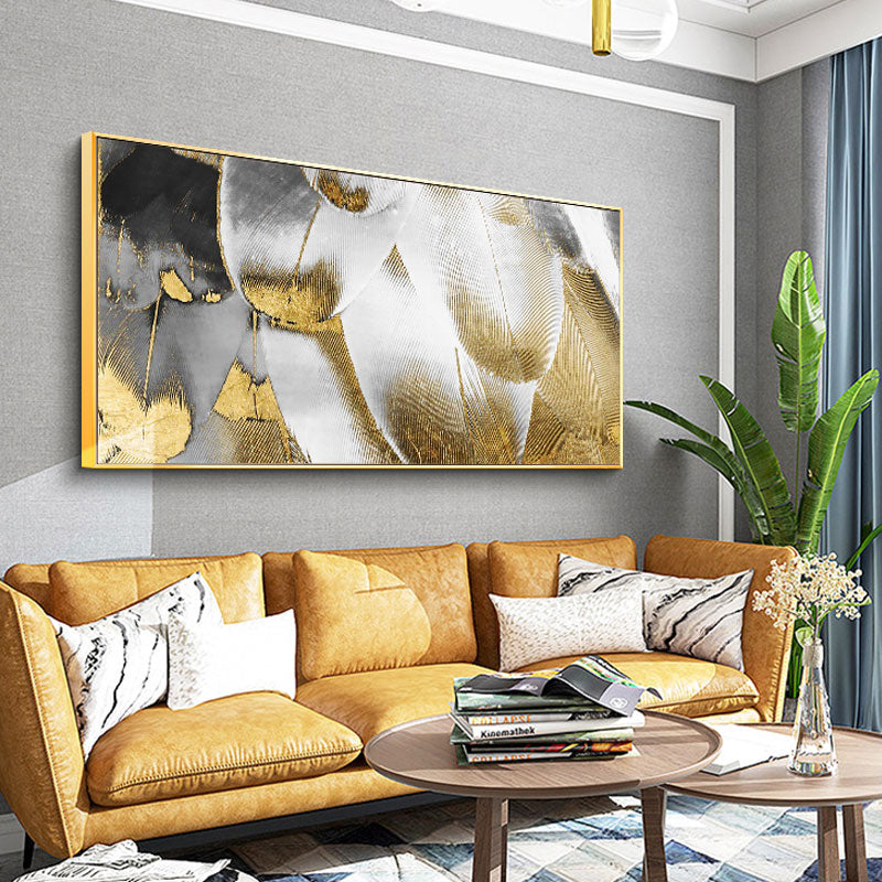 Light Extravagant Gold Feather Banner Abstract Painting Modern Minimalist Substantial Wall Paintings Decorative Painting The Liv27inx54in,No Frame
