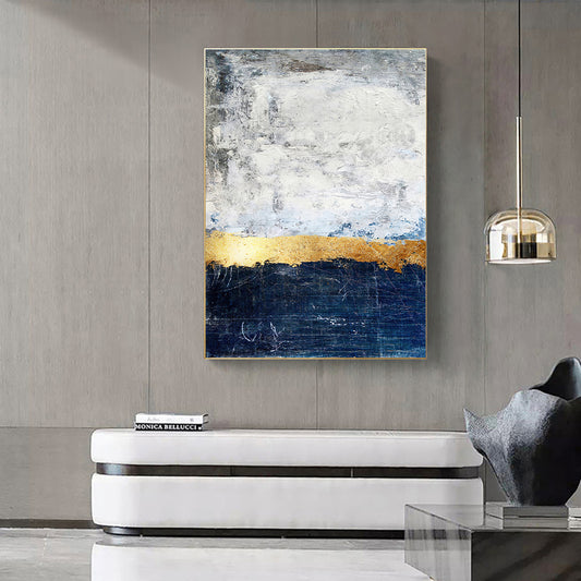 Navy Blue and Gold Foil Block Canvas Oil Painting Artworks Modern Vertical Abstract Handmade Oil Painting Wall Art For Home Living Room,31inx47in,No Frame