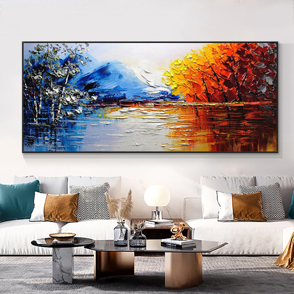 Hand painted Abstract Landscape Oil Painting Colorful Mordern Building Wall Art Handmade Canvas Painting for Living room,27inx54in,No Frame