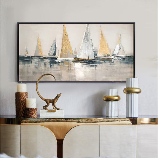 Large Wall Art Handmade Abstract Sailboats Oil Painting On Canvas Hand Painted Home Wall Decoration Paintin,27inx54in,No Frame  g