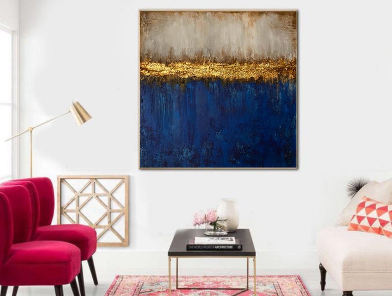 Handmade Blue Gold Leaf Acrylic Painting Textured Abstract Painting On Ready To Hang Canvas Gold Foil Oversized Wall Art31in,No Frame