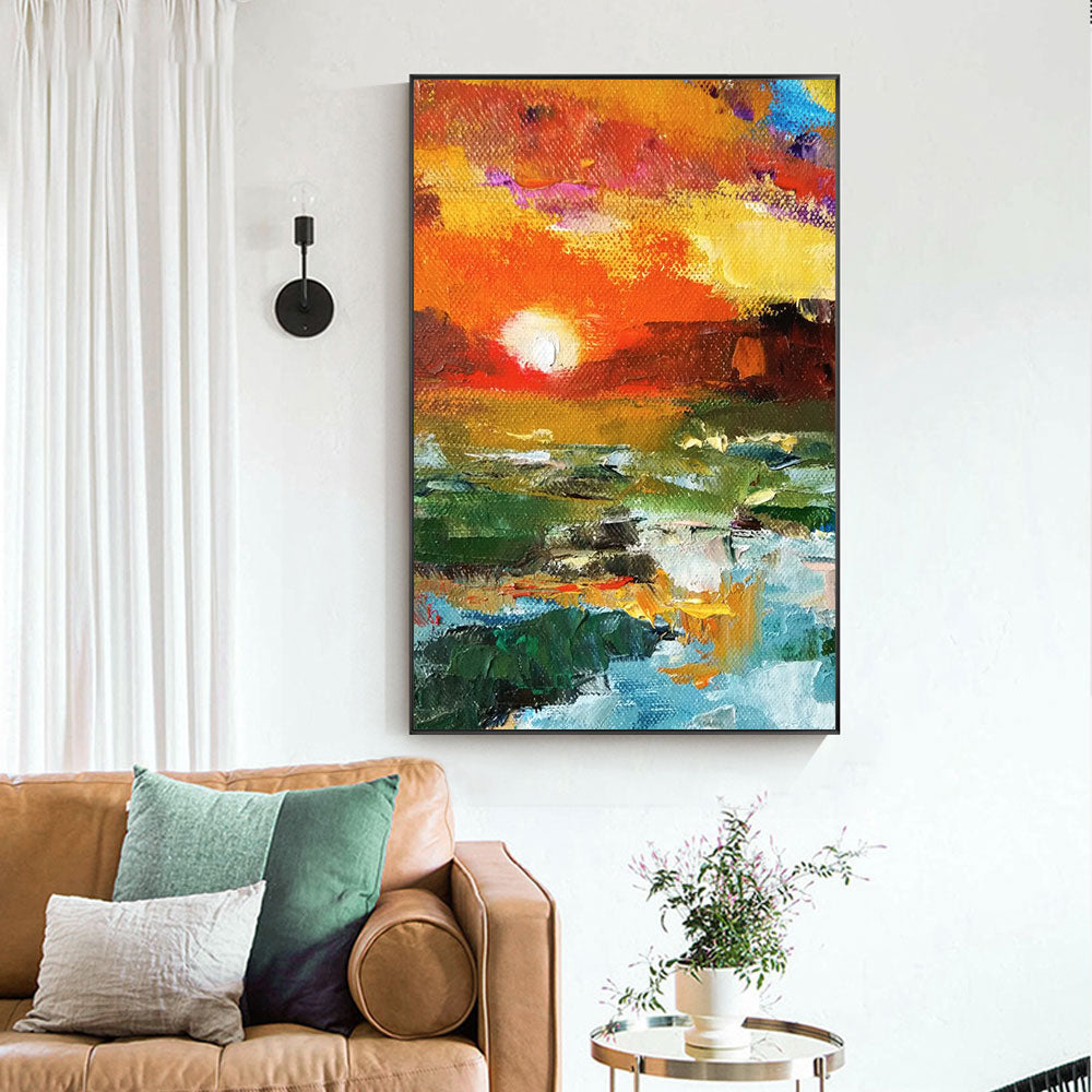 Abstract Sunset Glow Oil Painting On Canvas  Hand Painted Bright Textured Modern Canvas Wall Art For Living Room,31inx47in,No Frame