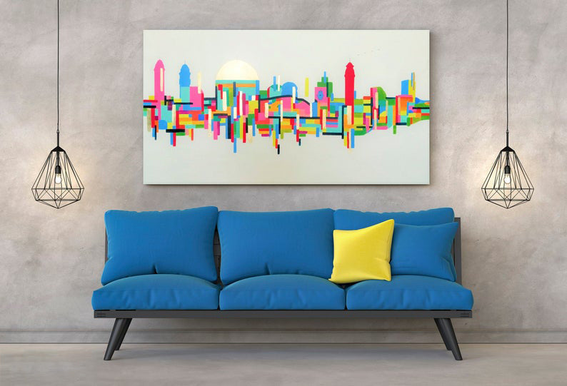 Jerusalem Abstract Painting On Canvas Acrylic Gold Leaf Jewish Art Wide Painting Large Canvas Painting Handmade Paintings Art27inx54in,No Frame