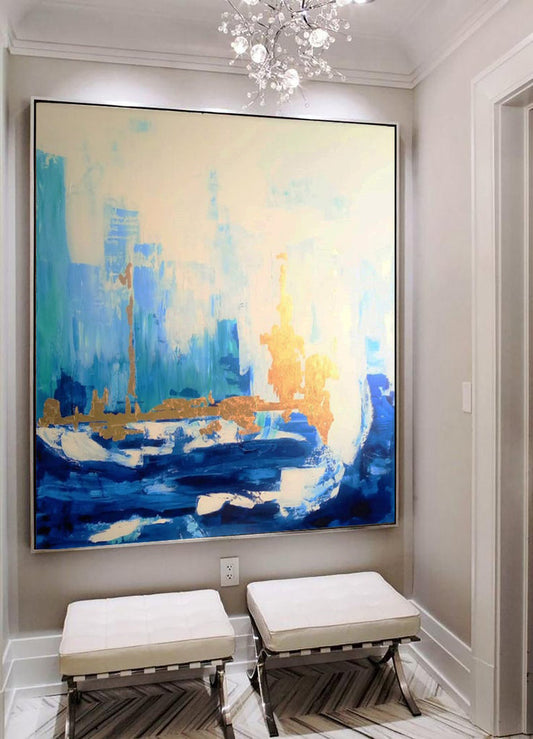 BlueSkylineAbstractPaintingContemporaryArtOriginalLargeWallArtCanvasWallArtLargeBlueGold 31in,No Frame