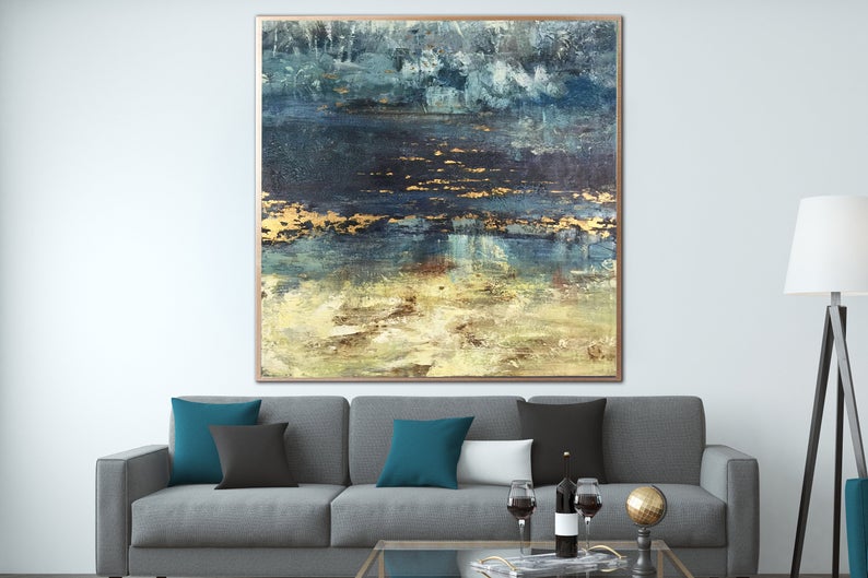 LargeLandscapePaintingLargePaintingOnCanvasOriginalBluePaintingExtraLargeWallArtAbstractCanvas 31in,No Frame