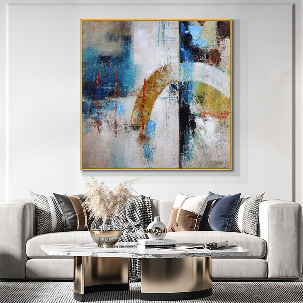 Abstract Blue Geometric Painting  Handmade Oil Painting on Canvas Acrylic Decorative Wall Art For Modern,31inx31in,No Frame