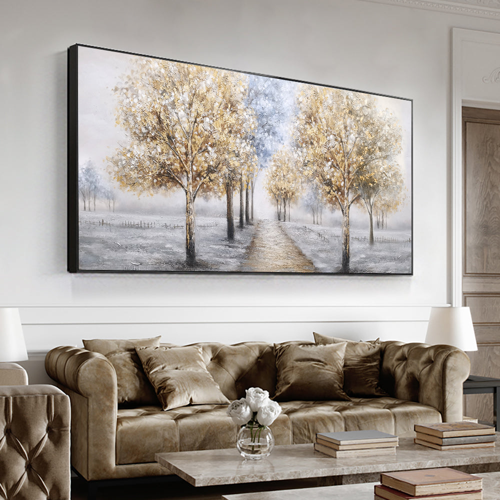 Abstract Thick Textured Yellow Tree Oil Painting  Hand Painted On Canvas Handmade Wall Art,27inx54in,No Frame