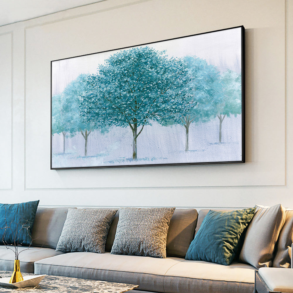 Abstract Large Size Blue Trees Oil Painting  Handmade Canvas Painting Landscape Plant Wall Art,27inx54in,No Frame