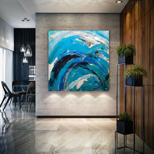 AbstractPaintingOnCanvasExtraLargeWallArtOriginalTexturedPaintingHousewarmingGiftTealBlueDecor 31in,No Frame