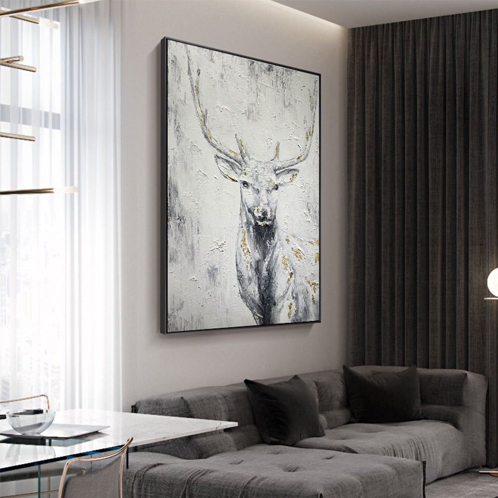Animal Oil Painting On Canvas Hand Painted Rich Deer Picture Neo Classical Porch Mural Handmade Art,31inx47in,No Frame