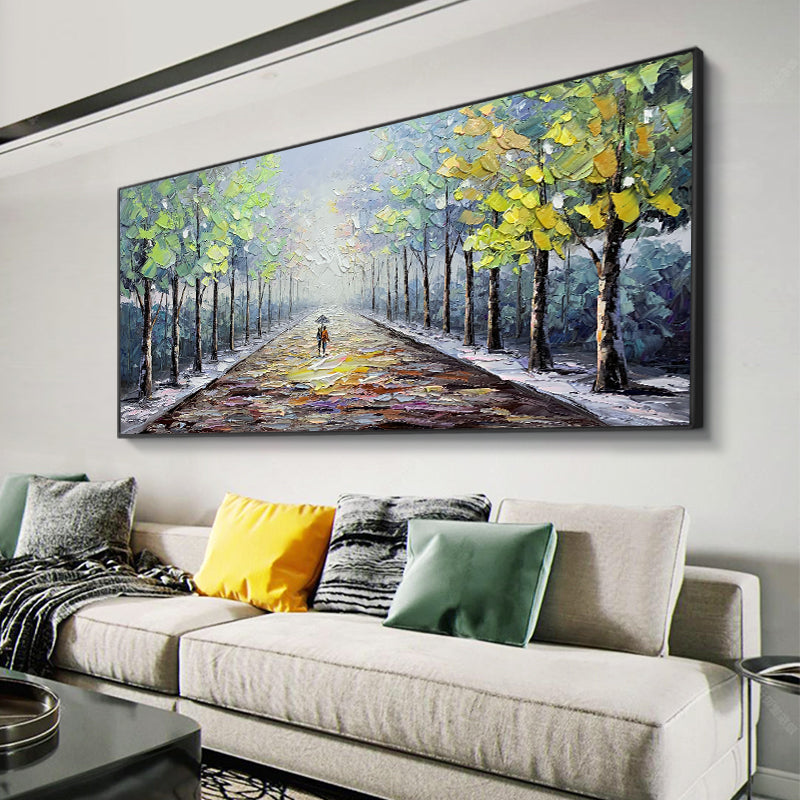 Landscape Oil Painting Wall Art Lovers In The Forest Path Canvas Painting Wall Picture Living Room,27inx54in,No Frame