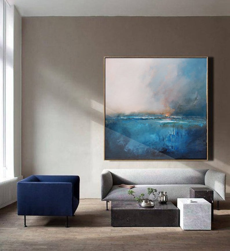 Large Sea Level Blue Oil Painting Wall Art Blue Abstract Painting Sky Landscape Oil Painting Large Ocean Canvas Oil Painting 31in,No Frame