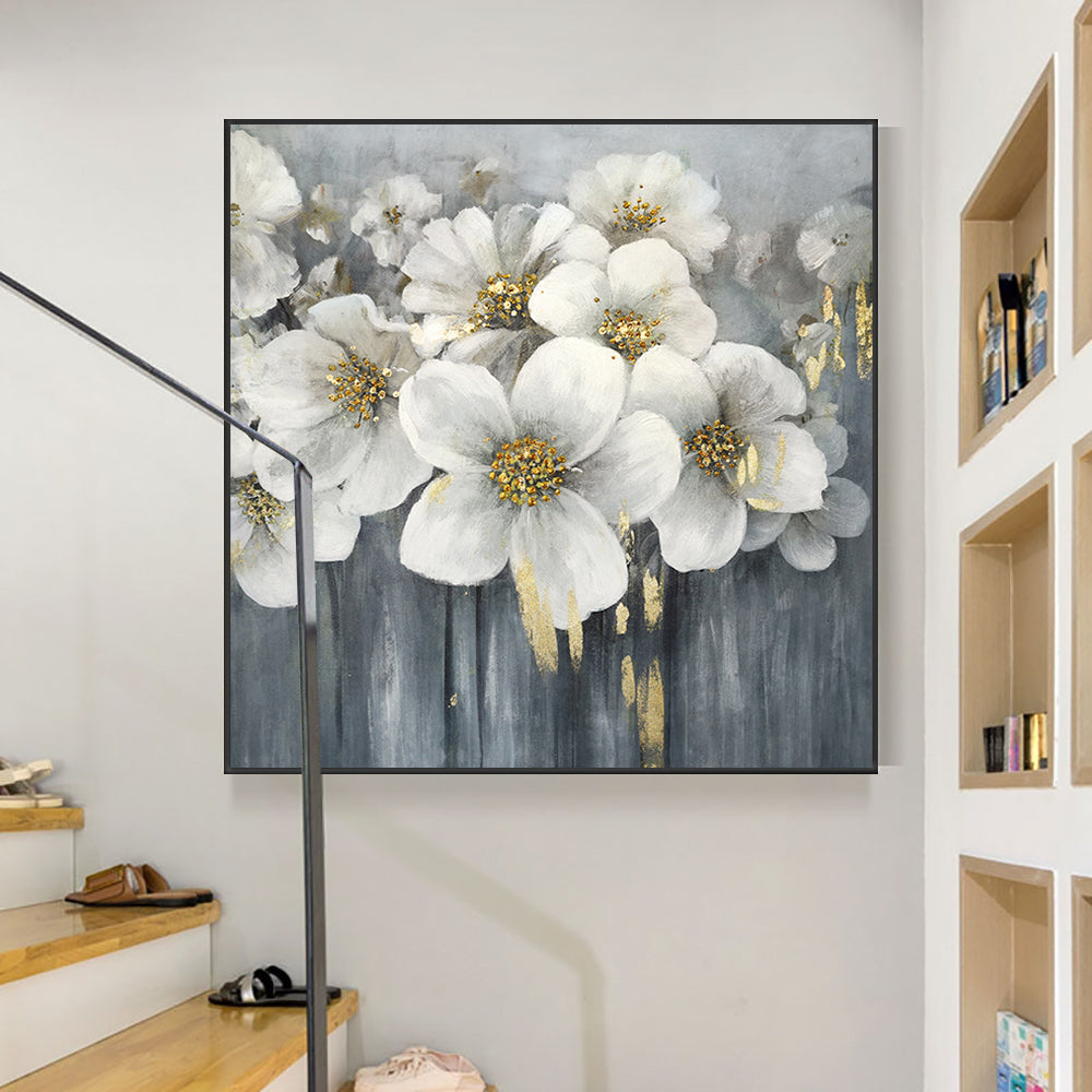 #240Hand Painted Knife Oil Painting Modern Abstract Gold Flowers Oil Painting Reprodcution Heart Picture for Home