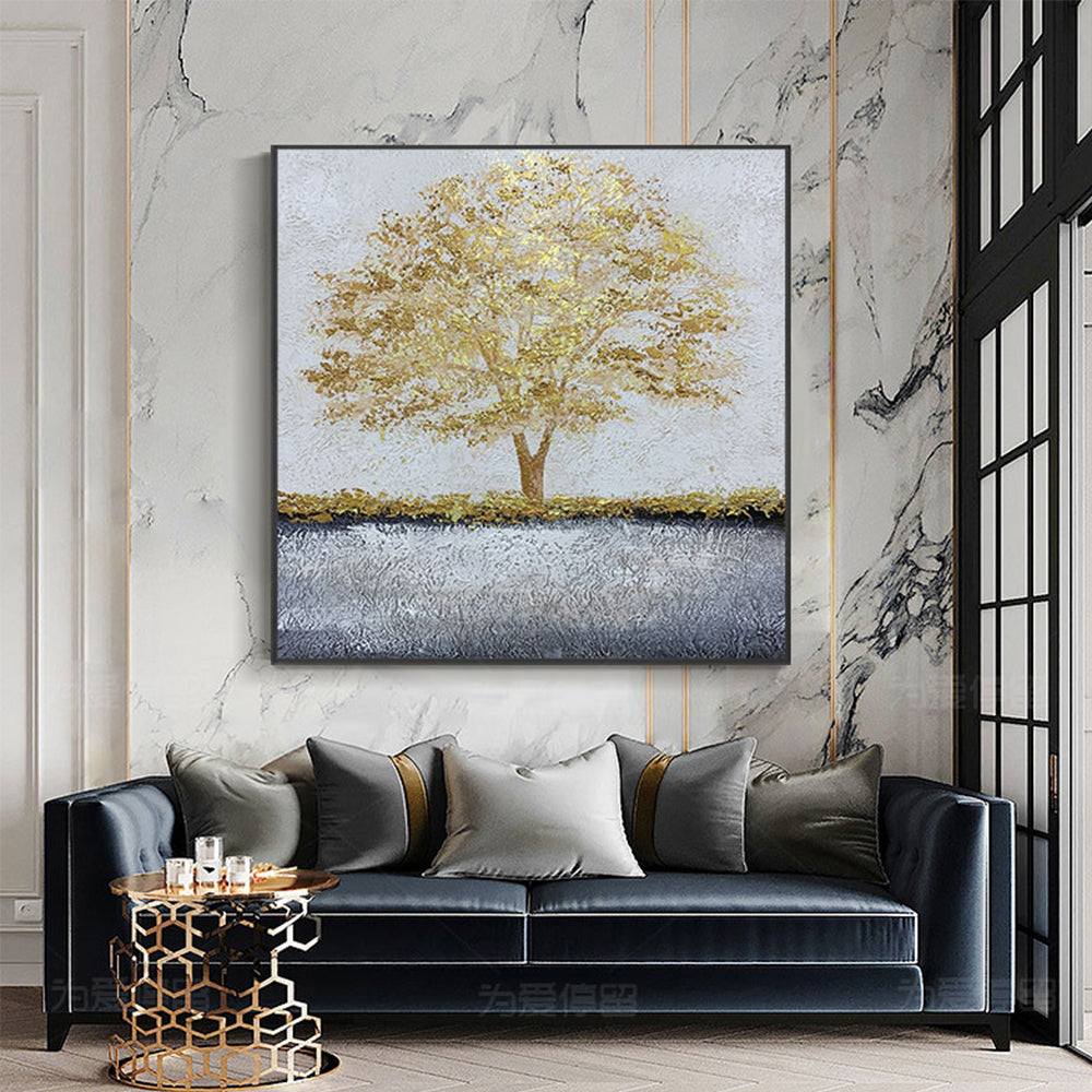Yellow Tree Oil Paintings On Canvas Hand Painted Acrylic Wall Art Picture For Home Decor Living,31inx31in,No Frame
