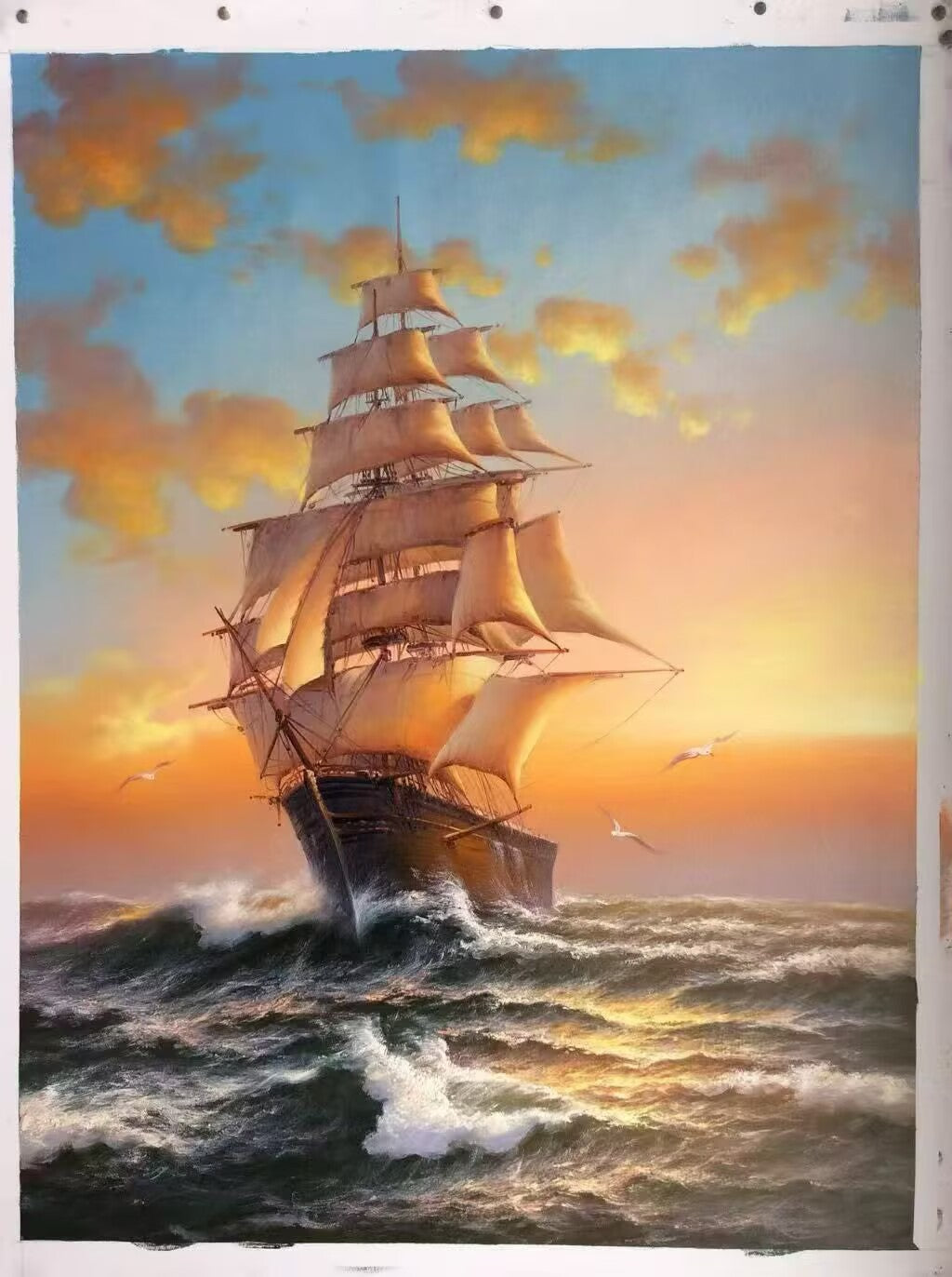 Hand painted oil Painting on Canvas Vintage Clipper Ship Cutting Through Waves at Golden Sunrise