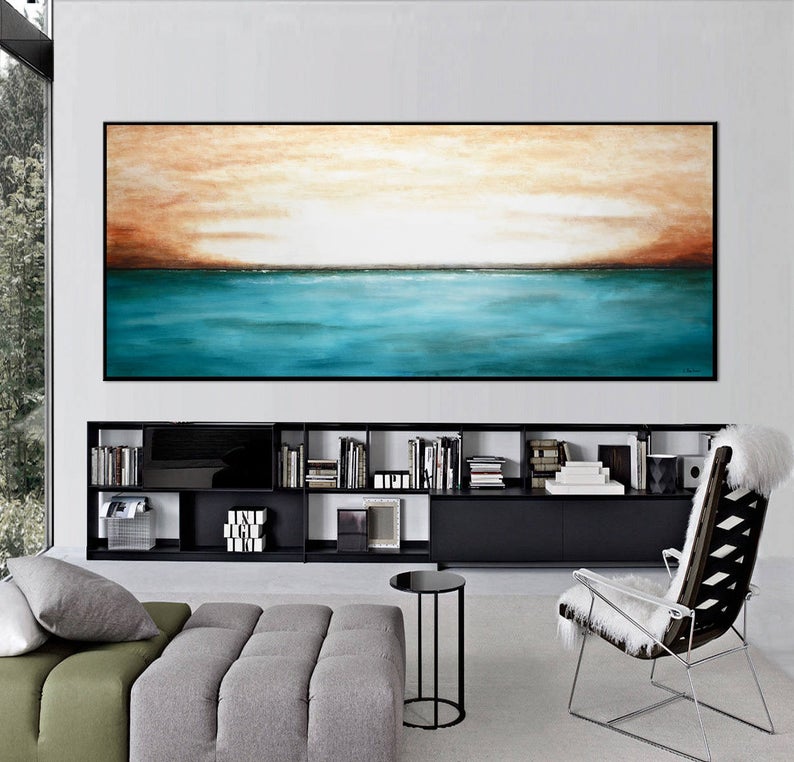Landscape Painting Canvas Art Large  Wall Art Abstract Ocean Painting Landscape Art Blue Gray Seascape Oil Painting Artwork 27inx54in,No Frame