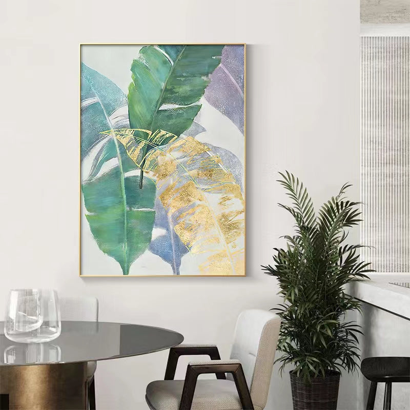 Hand painted Oil Painting American Light Luxury Decorative Painting Green Plant Hanging Painting Banana Leaf Large,31inx47in,No Frame