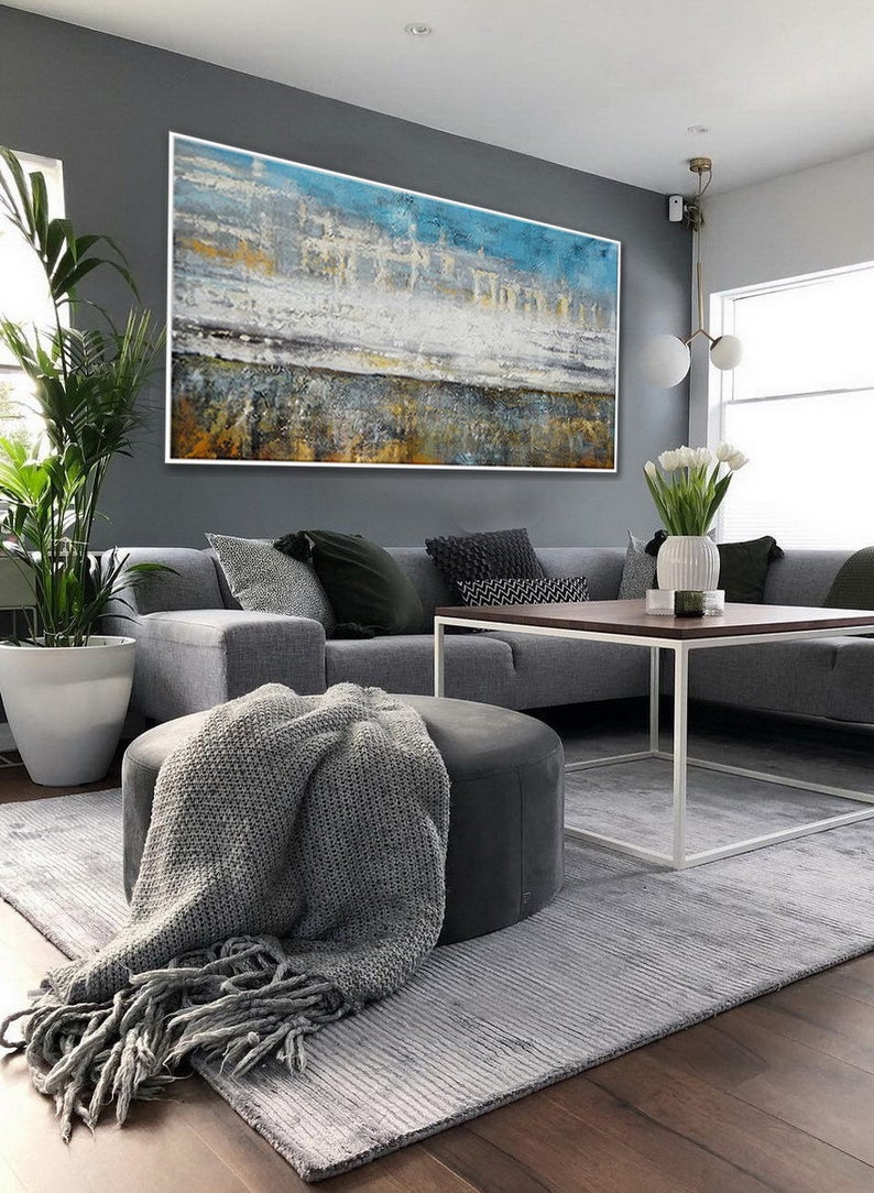 Textured Abstract Canvas Painting Extra Large Wall Art Contemporary Texture Oversize Modern Acrylic Artwork Panoramic Horizontal27inx54in,No Frame