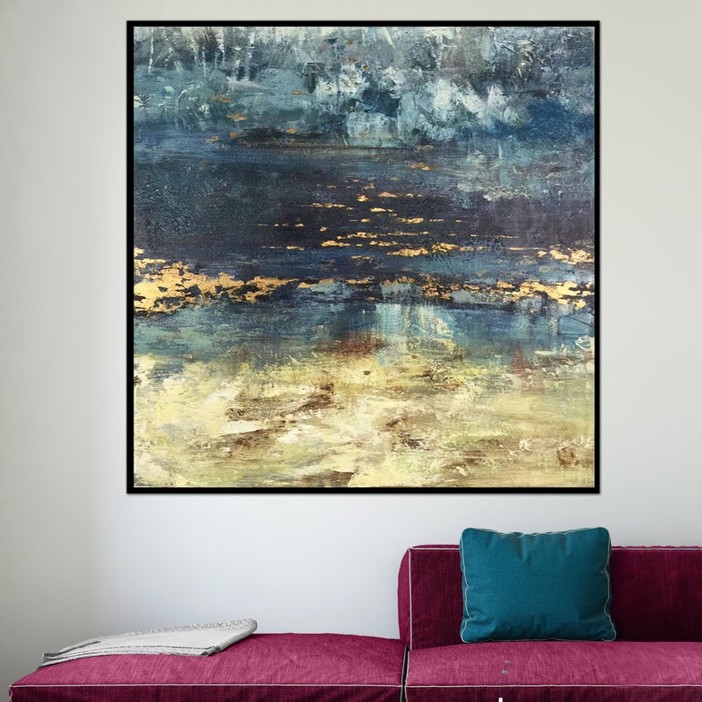 LargeWallArtLandscapePaintingsOnCanvasArtAbstractPaintingGoldLeafBluePaintingExtraLarge  31in,No Frame