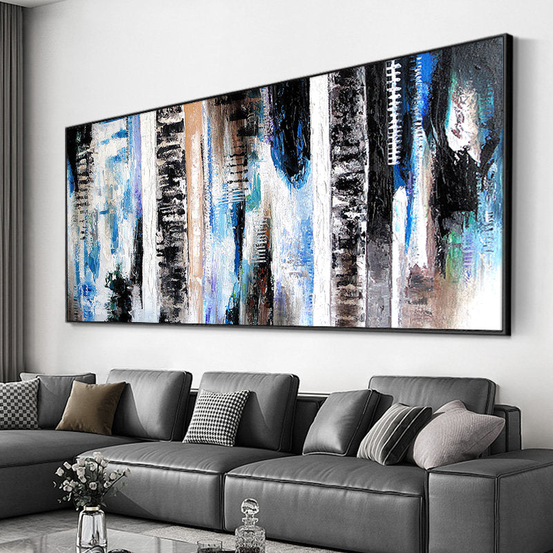 Hand Painted Abstract Black With White Oil Painting On Canvas Thick Textured Wall Art Painting,27inx54in,No Frame