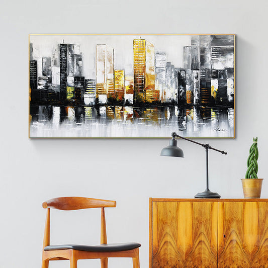Abstract Golden Building  Hand Painted Oil Paintings on Canvas Wall Picture for Living Room,27inx54in,No Frame