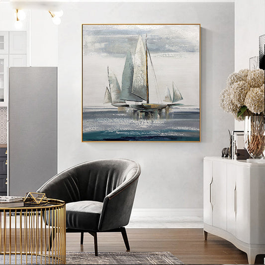 Hand painted Nordic Blue Seascape White Waves Canvas Oil Painting Living Room Bedroom Wall Art,31inx31in,No Frame