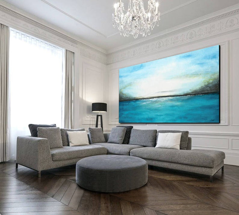 Large Abstract Landscape Painting Sea Painting Panoramic Art Blue White Modern Abstract Painting Oil Hand Painted Artwork27inx54in,No Frame