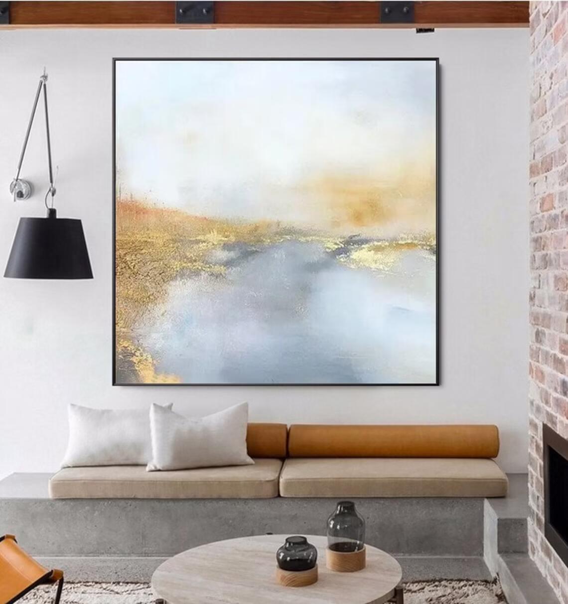 AbstractPaintingBlueAndGoldWallArtPaintingModernPaintingGoldLeafPaintingWallArtDecor 31in,No Frame