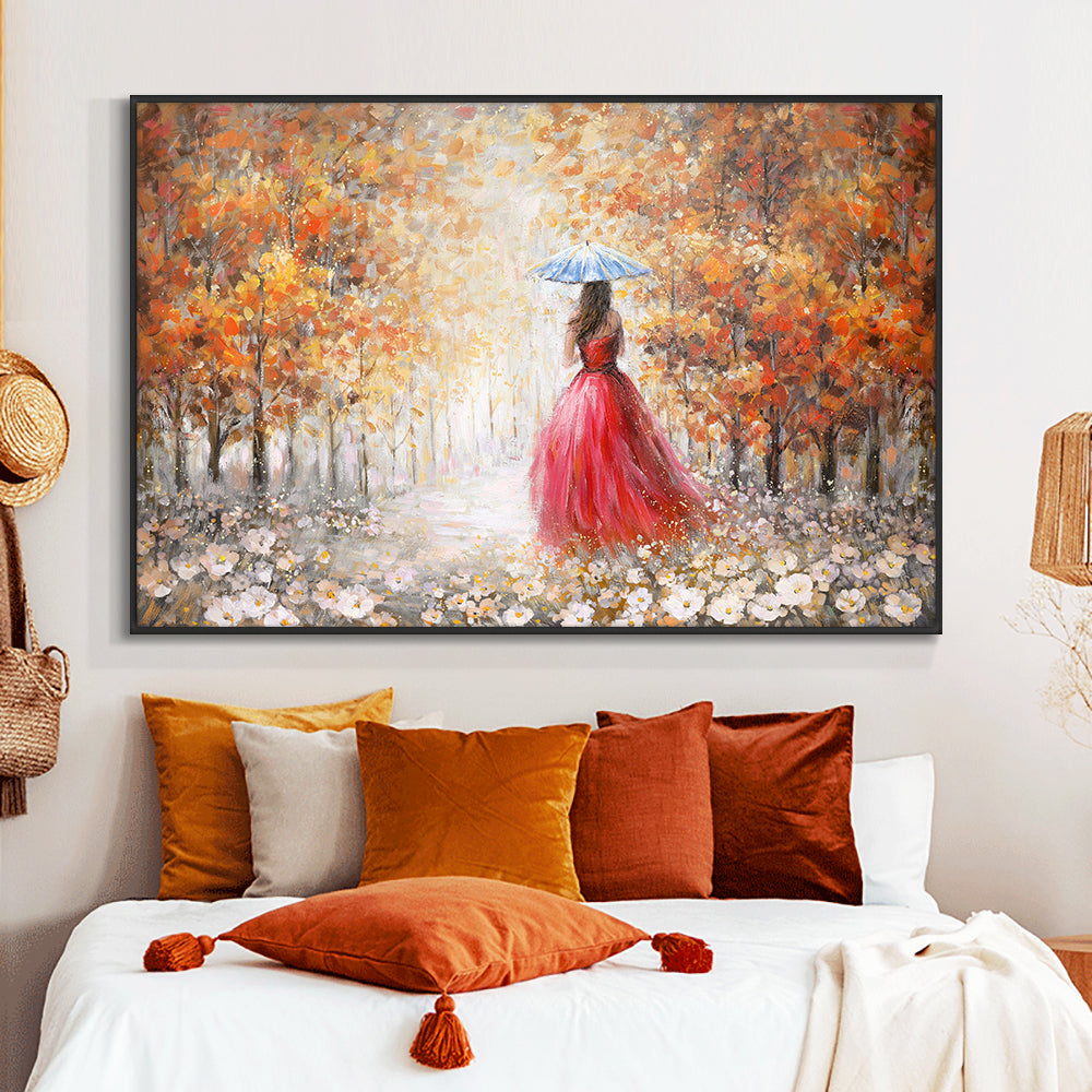 Abstract Girl Weared Red Skirt Waking In The Rain With Umbrella  Hand Painted Oil Painting,27inx54in,No Frame
