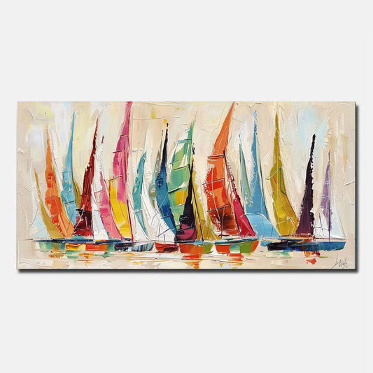 Blue Hand Painted Oil Painting On Canvas Abstract Wall Art Sailing boat Unframed/Rolled