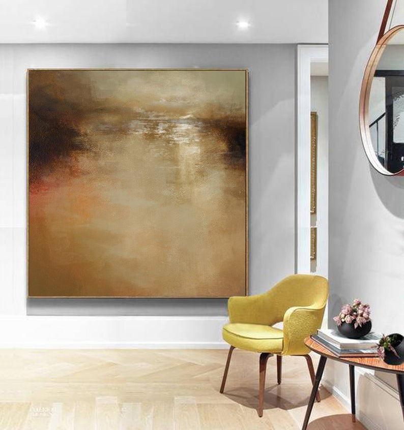 Large Sea Oil Painting On Canvas Light Brown Abstract Painting Ocean Landscape Painting Ocean Art Wall Art Office Room Decor31in,No Frame