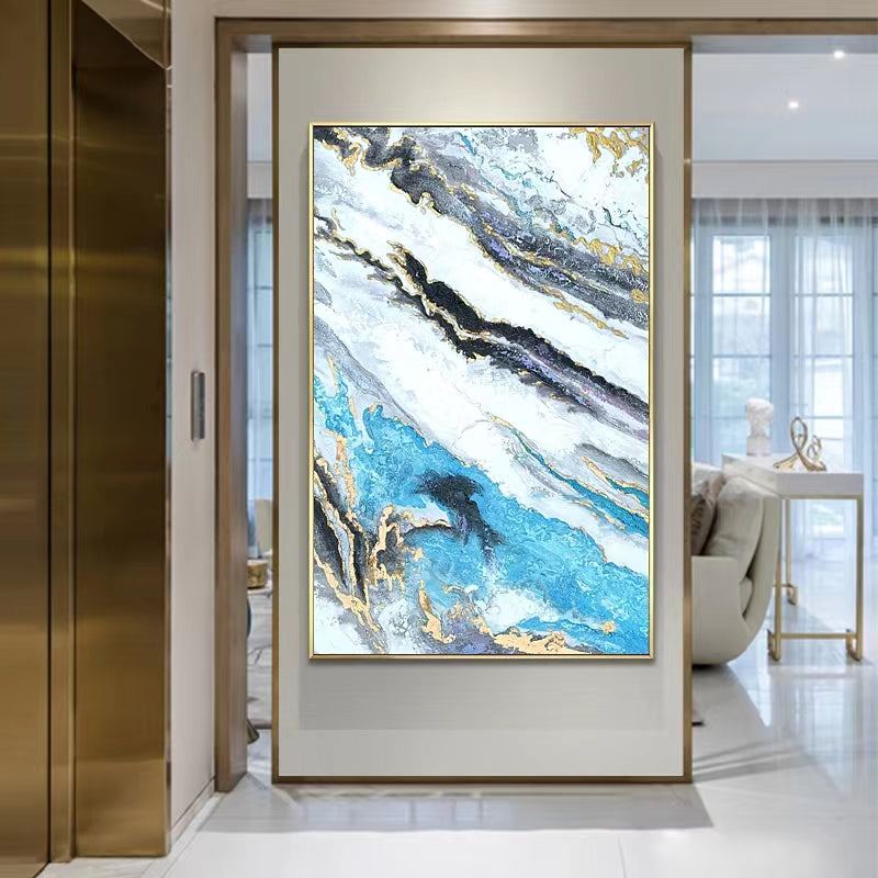 Hand painted Oil Painting Corridor French Light Luxury Hanging Abstract Painting Gold Foil Living Room Decoration,31inx47in,No Frame