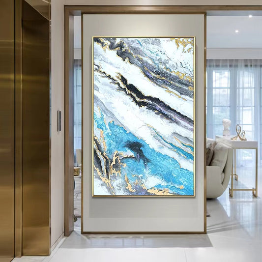 Hand painted Oil Painting Corridor French Light Luxury Hanging Abstract Painting Gold Foil Living Room Decoration,31inx47in,No Frame