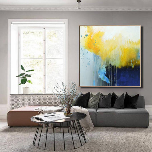 LargeYellowPaintingDeepBlueAbstractCanvasPaintingMinimalistAbstractPaintingDiningRoomCanvasAbstractOil   31in,No Frame