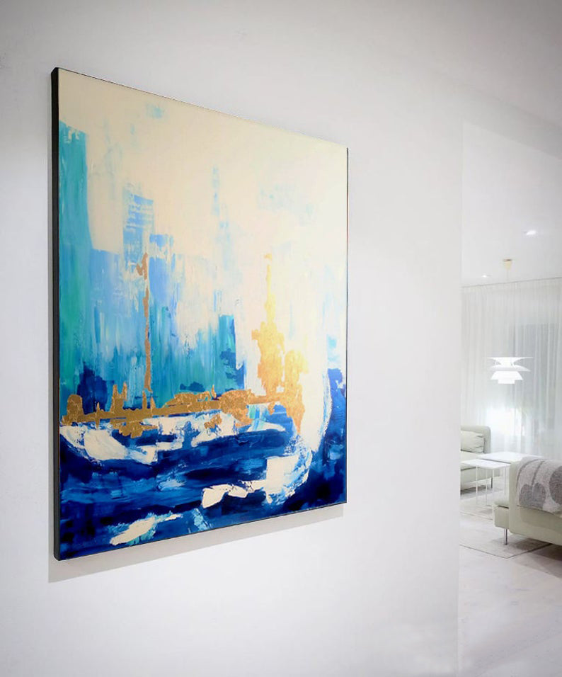 BlueSkylineAbstractPaintingContemporaryArtOriginalLargeWallArtCanvasWallArtLargeBlueGold 31in,No Frame