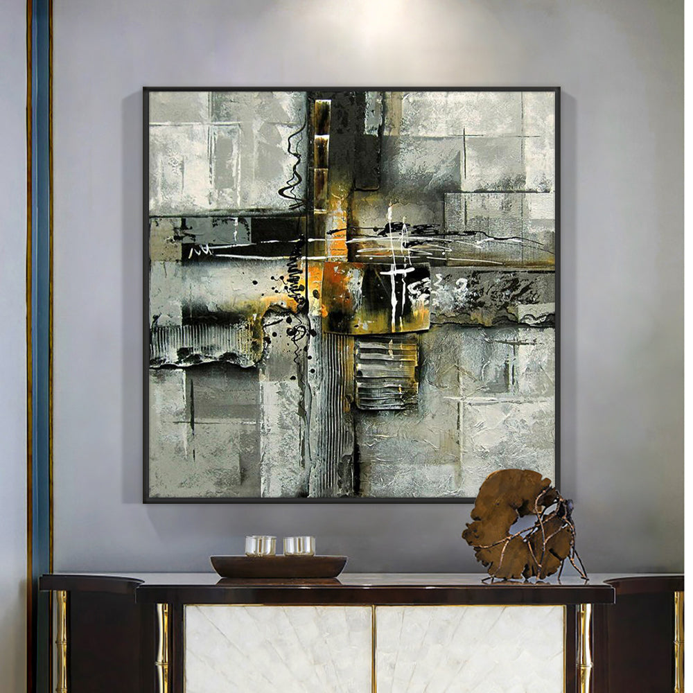 Abstract Yellow Building Car People Wall Art Painting  Hand Painted Oil Painting On Canvas Poster,31inx31in,No Frame