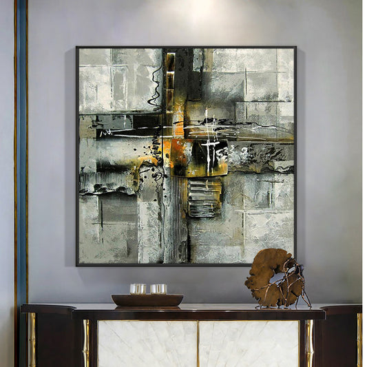 Abstract Yellow Building Car People Wall Art Painting  Hand Painted Oil Painting On Canvas Poster,31inx31in,No Frame
