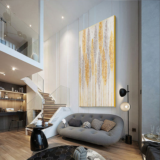 Living Room Hotel Lobby Pure Hand painted Oil Painting Atmosphere Gold leaf Painting Leaf Large Mural,31inx47in,No Frame