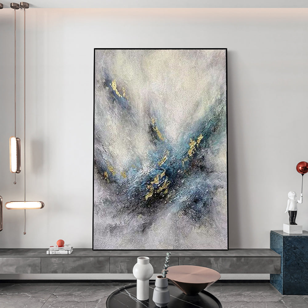 Modern Abstract Golden Blue Oil Painting Nordic Canvas Wall Artwork Handmade Grey Purple Oil Painting For Home Living Room,31inx47in,No Frame
