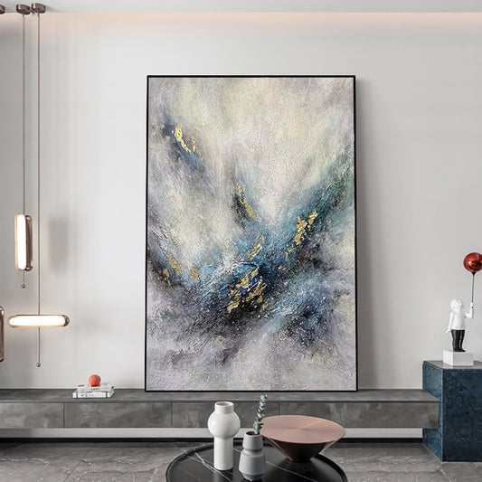 Modern Abstract Golden Blue Oil Painting Nordic Canvas Wall Artwork Handmade Grey Purple Oil Painting For Home Living Room,31inx47in,No Frame
