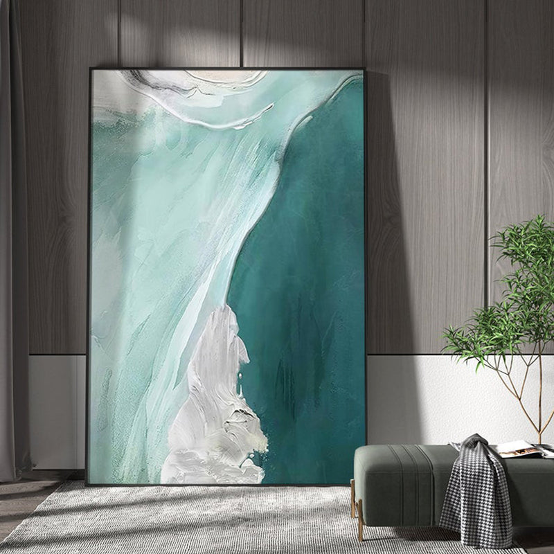 Handmade Abstract Oil Painting Cyan Green Flowing Water Simplicity Wall Art On Canvas Home Decor Restaurant ,31inx47in,No Frame
