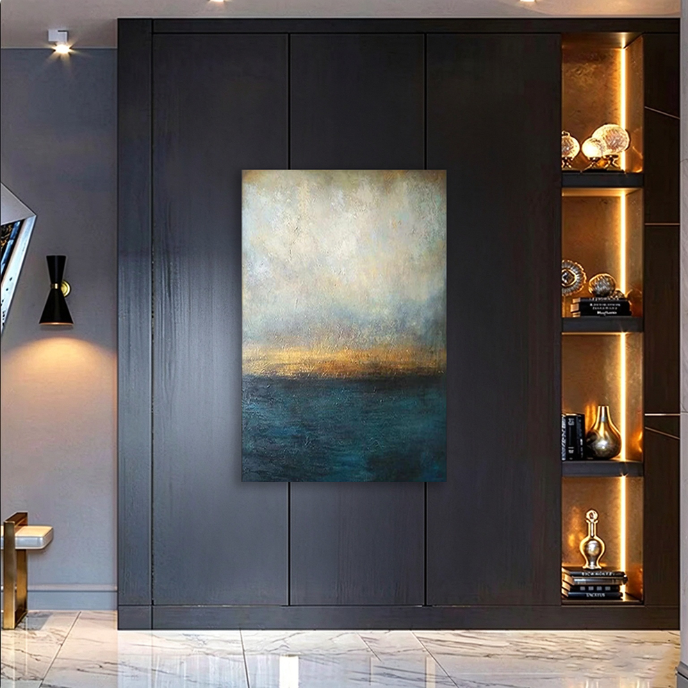 Original Abstract Blue Ocean Gold Sunset Canvas Wall Art Hand painted ...
