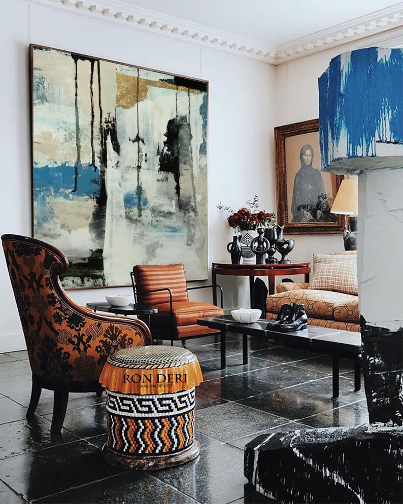Gray Large Wall Art Abstract Acrylic Gold Painting Blue Black Painting On Canvas Handmade Original Art Home Decor31in,No Frame
