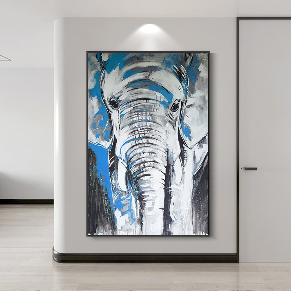 Abstract Grey With Blue Elephant Oil Painting On Canvas  Hand Painted Animal Canvas Wall Art  Living Room,31inx47in,No Frame