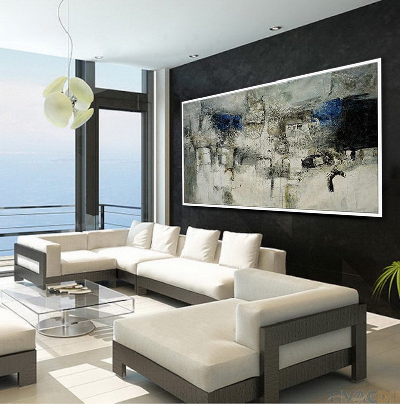 Extra Large Panoramic Modern Abstract Wall Art Hand Painted Black And White Contemporary Thick Oil Painting On Canvas27inx54in,No Frame
